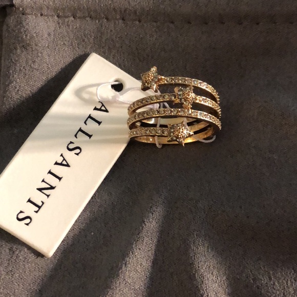 ALLSAINTS Gold Tone Star Coil Ring Crystal Accents Size 7 NWT & Dust Bag - Picture 5 of 12